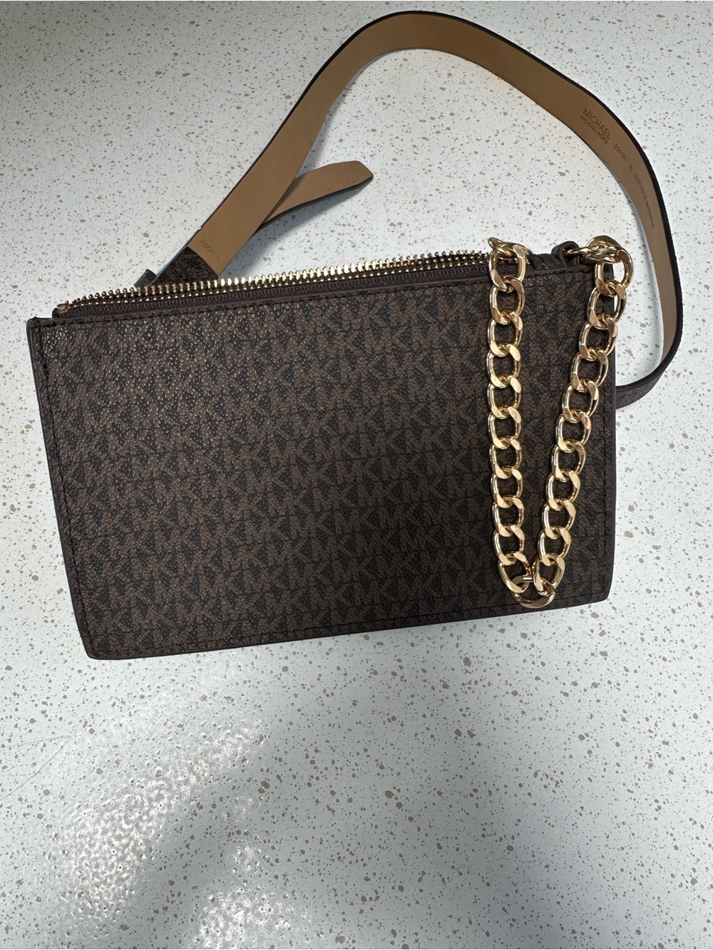 NWOT Michael Kors Brown Logo Crossbody Belt Bag  with Gold Chain - Picture 2 of 9